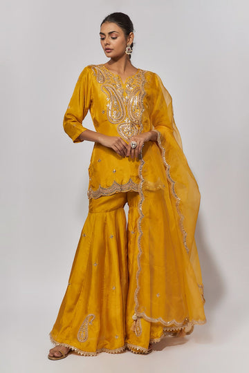 Honey Orange Pure Spun Silk Embroidered Sharara Set