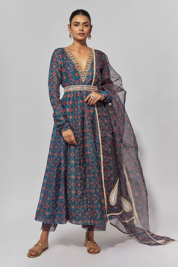 Blue patola Print Chanderi Embroidered Anarkali Set