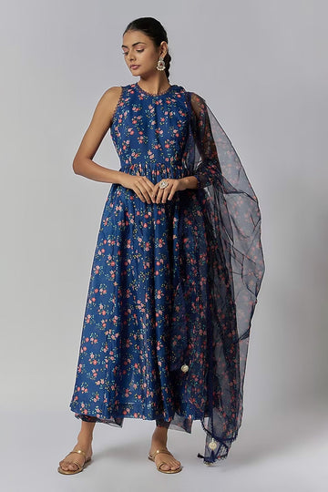 Navy Blue Chanderi Anarkali Set