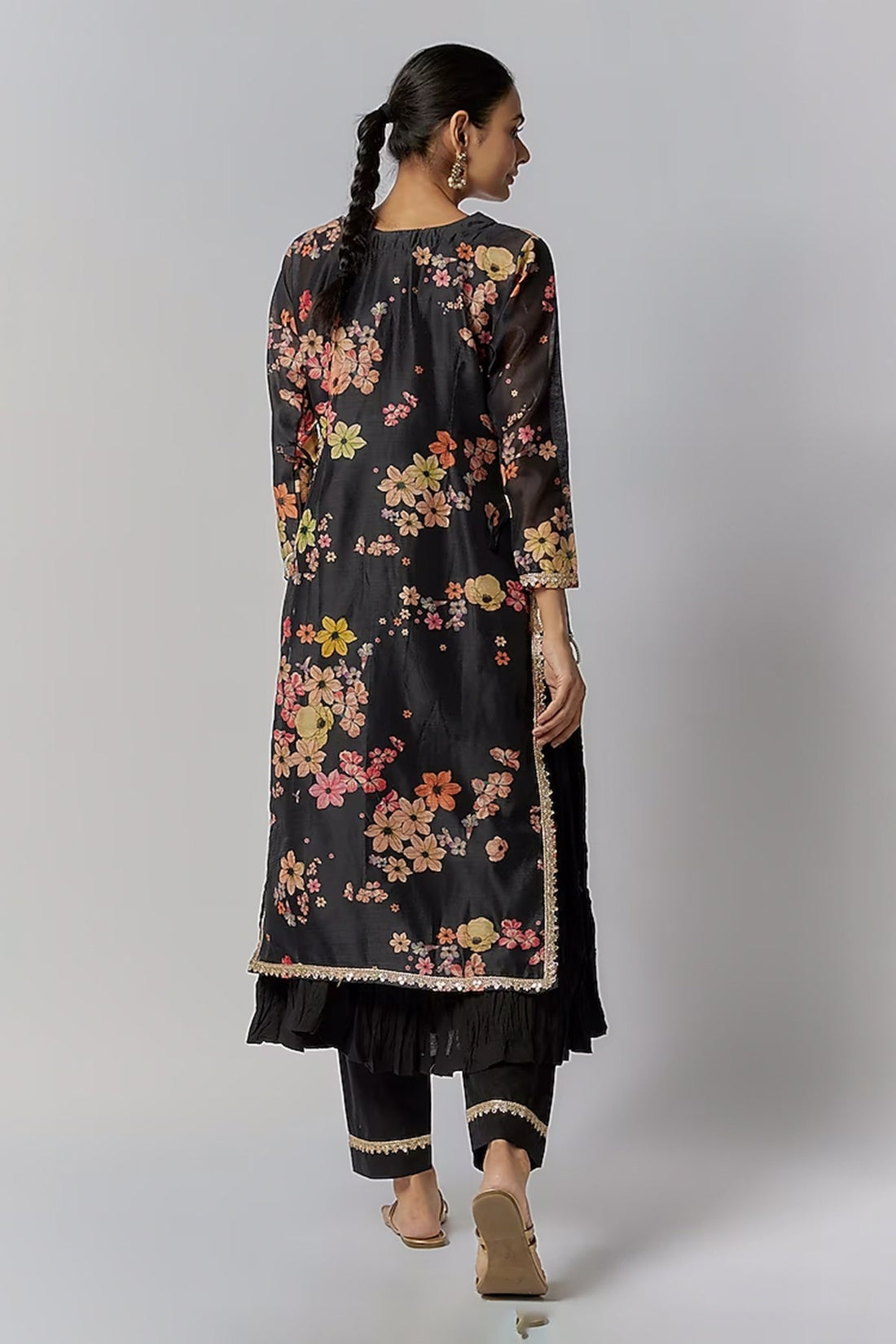Black floral Chanderi Kurta Set