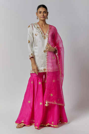 Ivory & Hot Pink Pure Spun Silk Embroidered Sharara Set