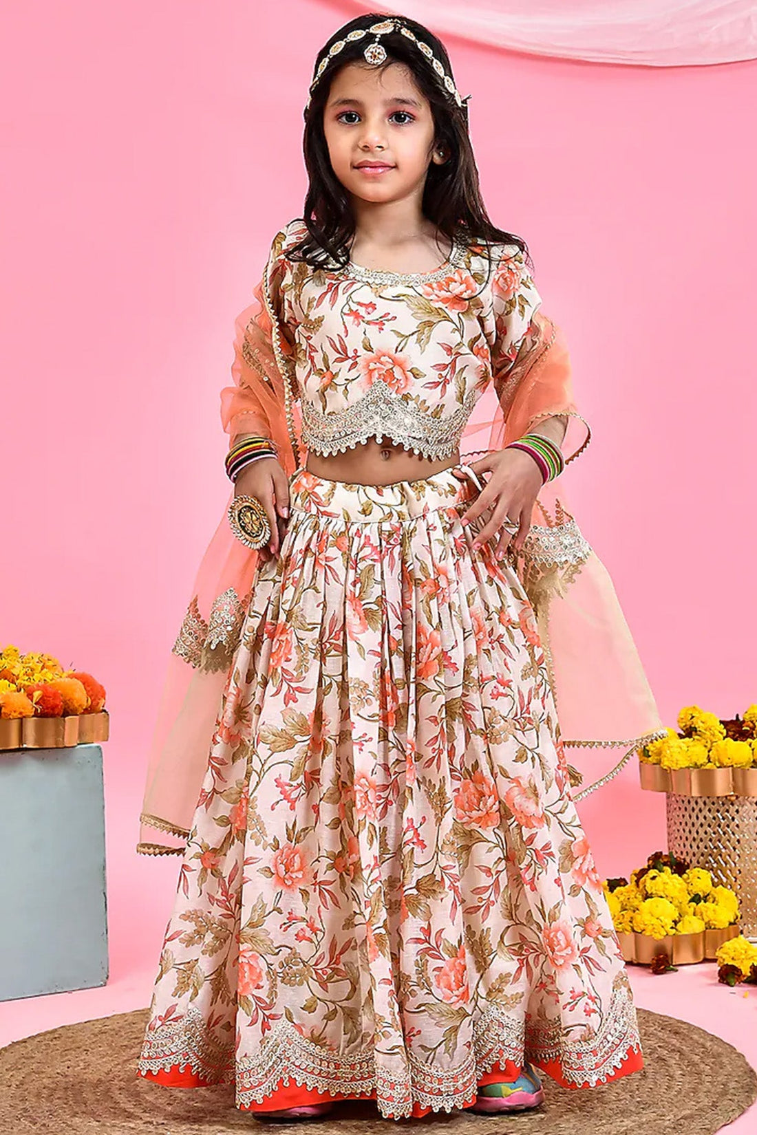 Beige Chanderi Lehenga Set