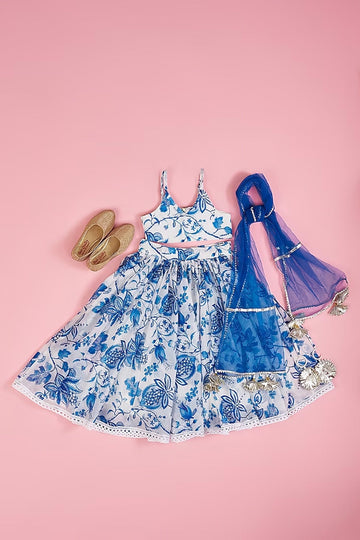 Ivory & Royal Blue Chanderi Floral Printed Lehenga Set for girls