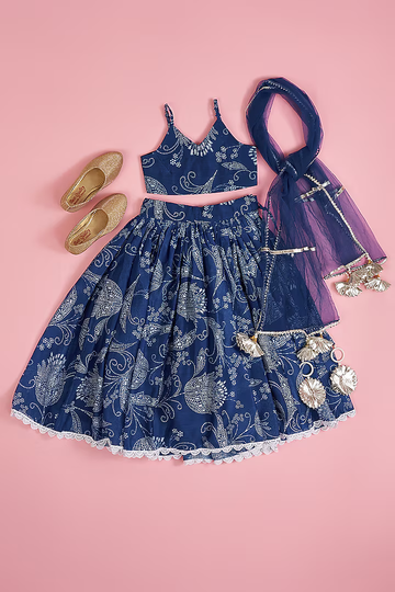 Blue Lenenga Chanderi With Floral Print Lehenga Set
