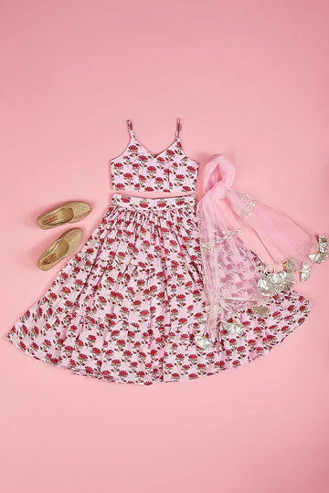 Pink Muslin Hand Block Printed lehenga set