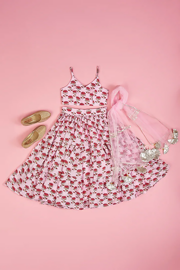 Pink Lenenga Muslin Base With Hand Block Print Lehenga Set