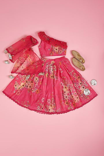 Hot Pink Chanderi Floral Printed Lehenga set for girls