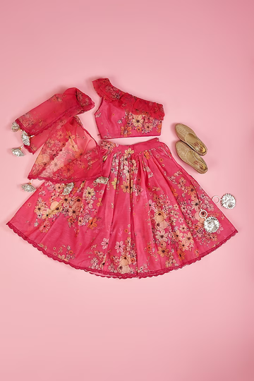 Hot Pink One Shoulder Top In Chanderi Lehenga Set