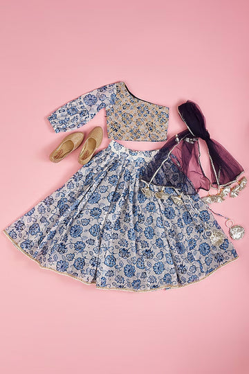 Powder Blue Chanderi Floral Printed One Shoulder Top & Lehenga set for girls