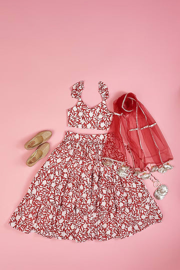 Ivory & Red Muslin Hand Block Printed layered lehenga set