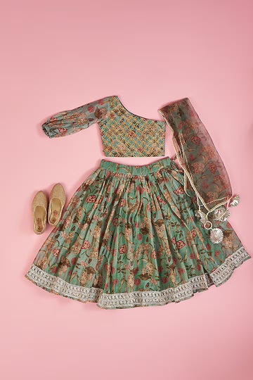 Mint Green One Shoulder Top In Chanderi Lehenga Set