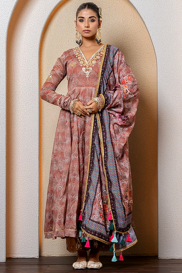 Chocolate Brown Chanderi Digital Printed Anarkali Set