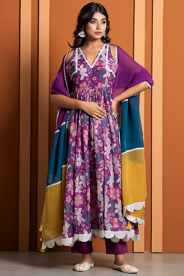 Purple Chanderi Digital Printed Anarkali Set