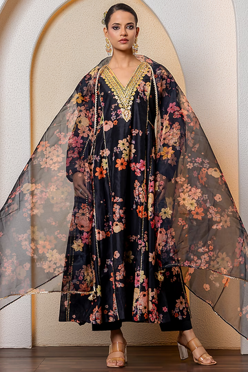 Black Chanderi Digital Floral Printed & Hand Embroidered Kurta Set