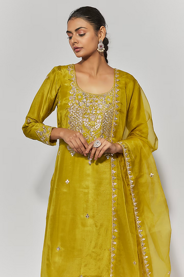 Golden Yellow Silk Gota Patti Hand Embroidered Kurta Set