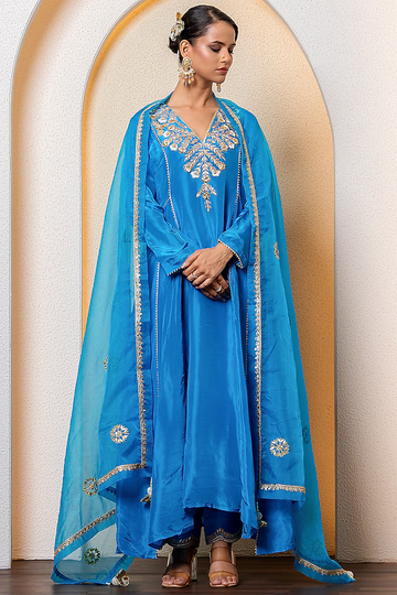 Teal Blue Pure Spun Marodi Hand Embroidered Kurta Set