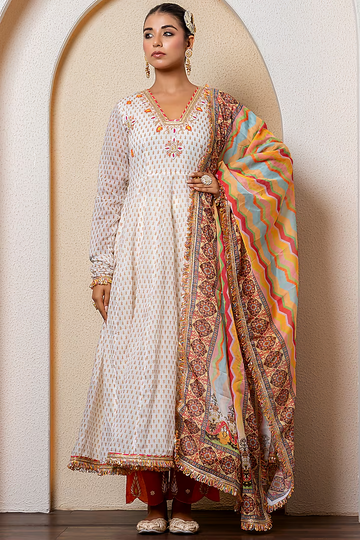 Ivory Chanderi Digital Printed & Marodi Embroidered Anarkali Set