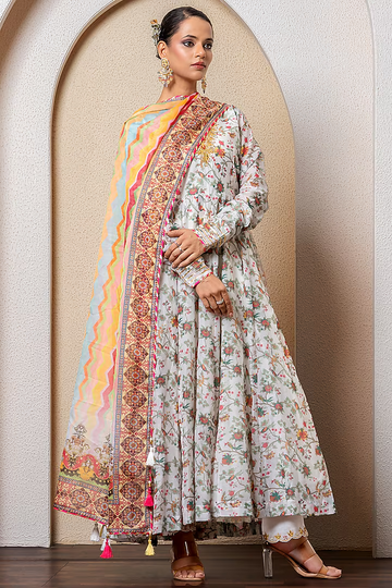 Ivory Chanderi Digital Printed & Gota Embroidered Anarkali Set