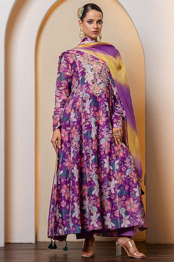 Purple Chanderi Digital Floral Printed Anarkali Set