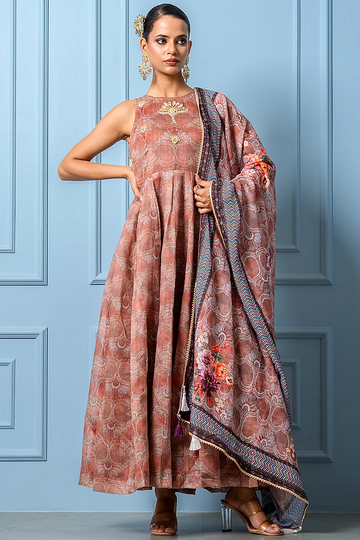 Chocolate brown Chanderi Floral Printed Anarkali Set