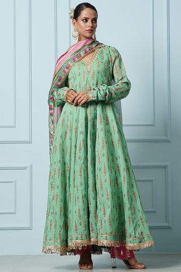 Green Chanderi Digital Printed Anarkali Set