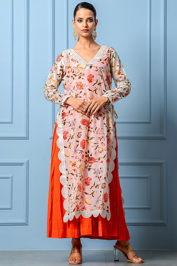 Orange Chanderi Digital Printed Kurta Set