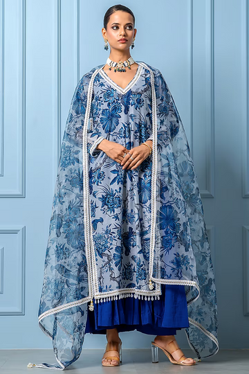 Blue Chanderi Digital Floral Printed Kurta Set
