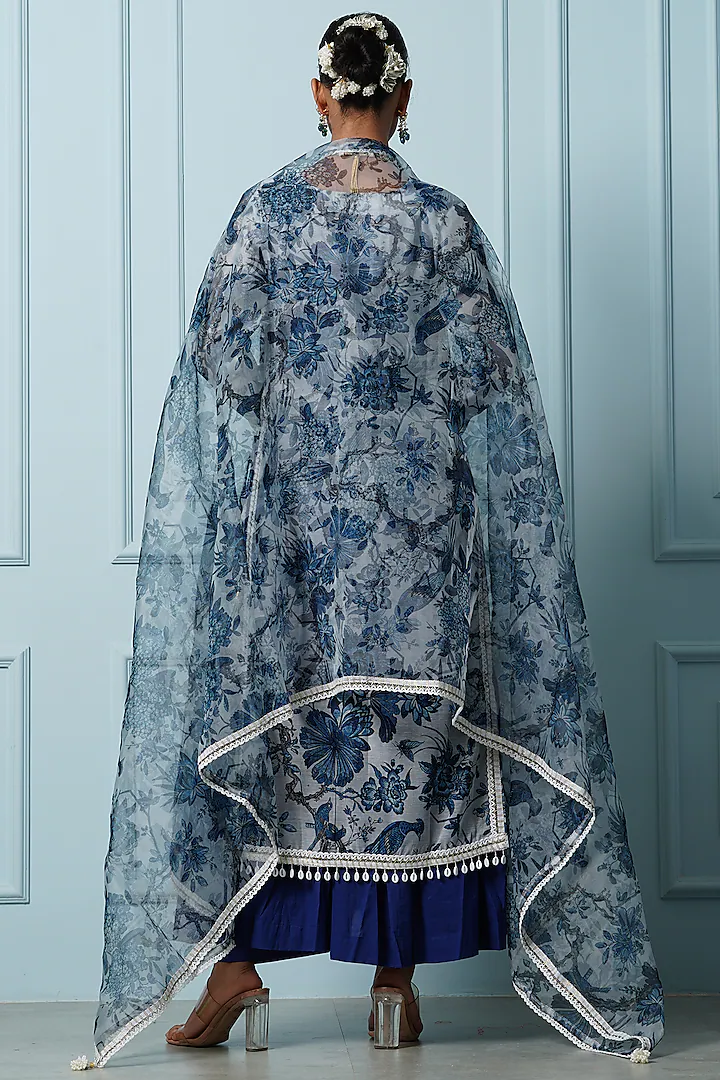 Blue Chanderi Digital Floral Printed Kurta Set