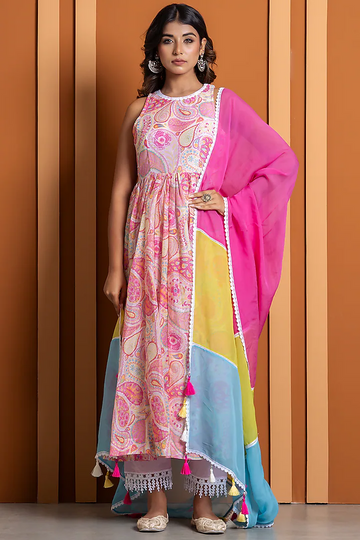 Pink Chanderi Digital Printed Anarkali Set