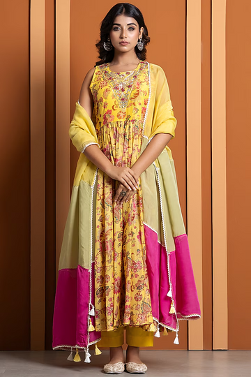 Yellow Chanderi Digital Printed Anarkali Set