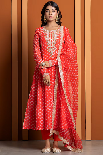 Orange Chanderi Digital Bandhej Printed Kurta Set