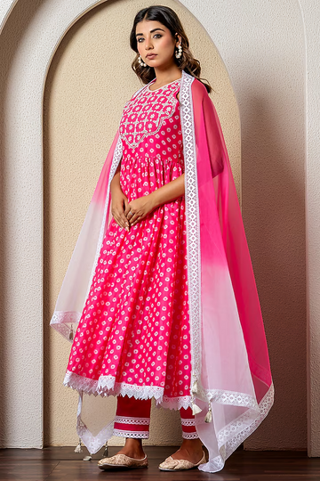 Pink Chanderi Digital Printed Anarkali Set