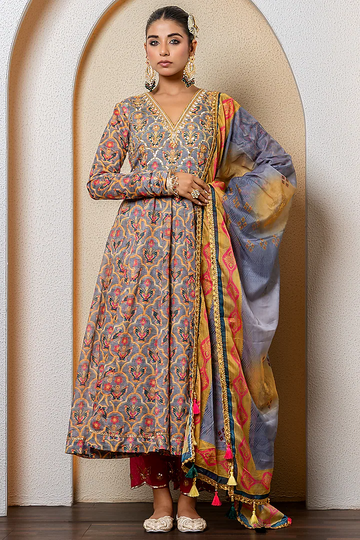 Multi-Colored Chanderi Digital Printed Anarkali Set