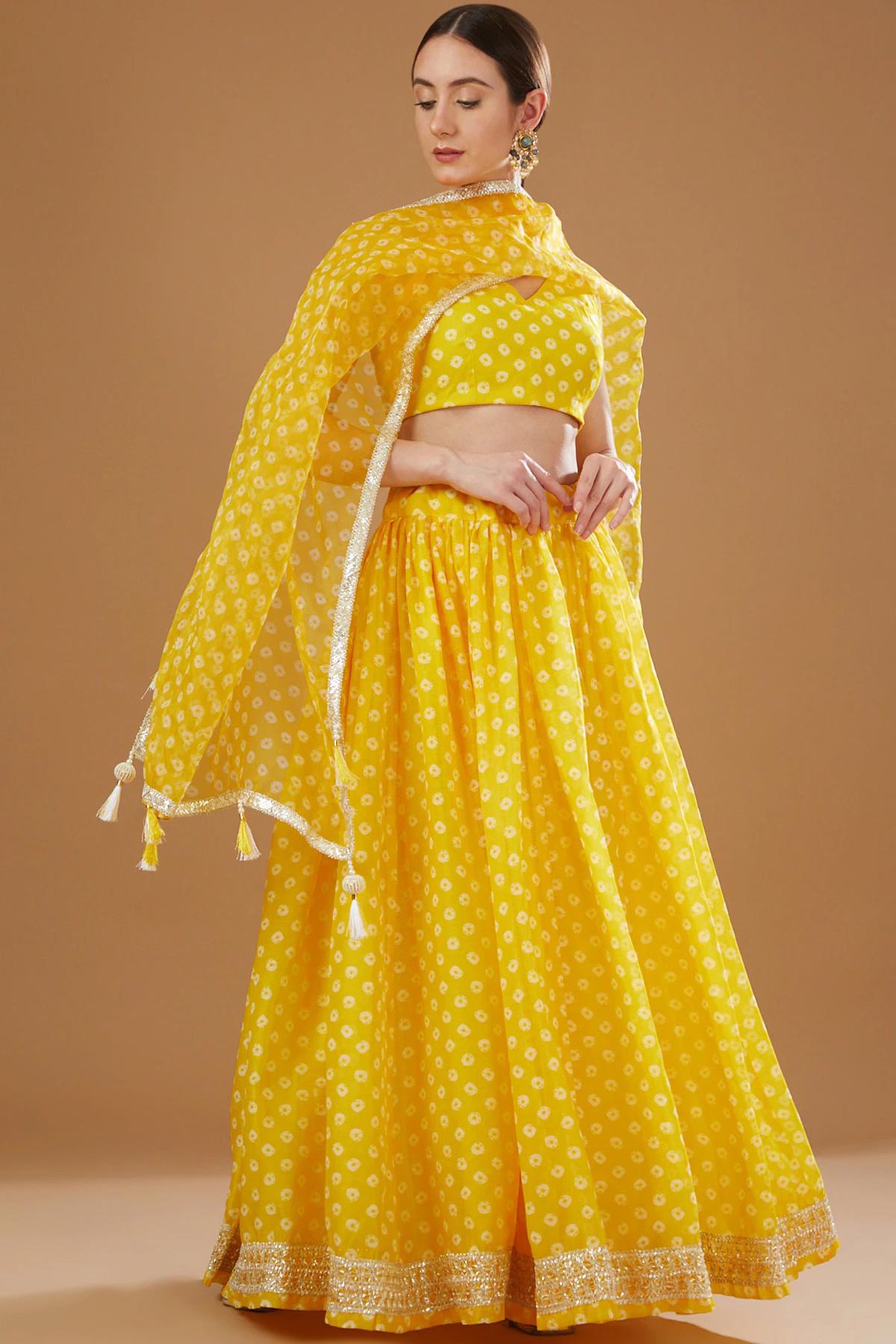 Yellow Bandhani Print Chanderi Lehenga Set