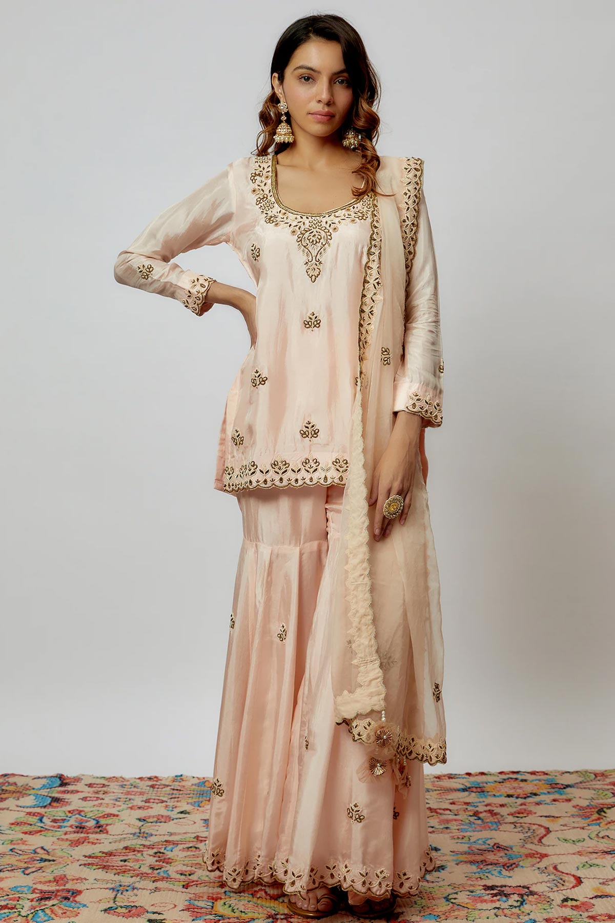 Peach Hand Embroidered Sharara Set