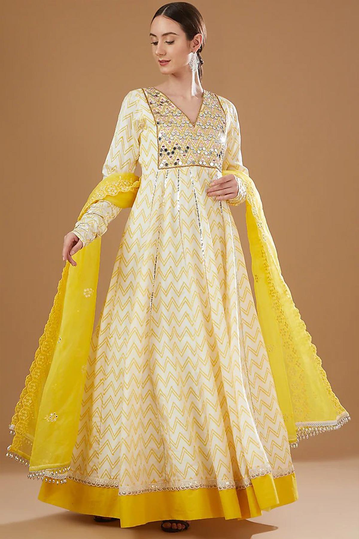 Yellow Chevron Mirror Anarkali set
