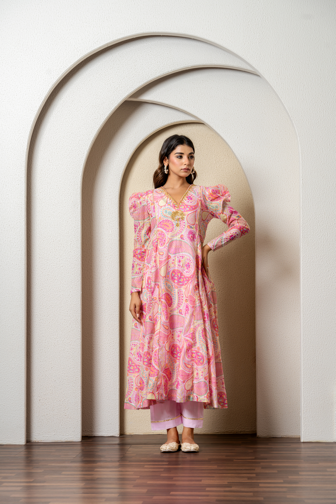 Pink Chanderi Digital Printed & Hand Embroidered Kurta Set