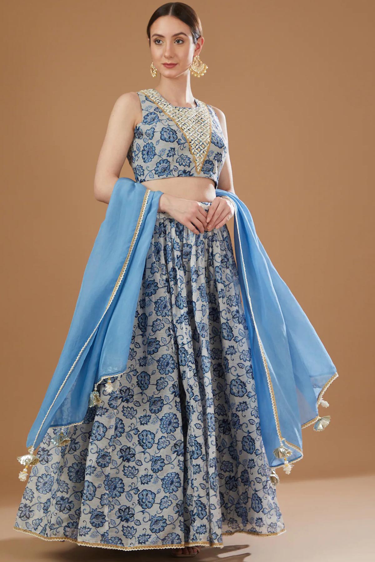 Ivory & Blue Chanderi Pearl Lehenga Set