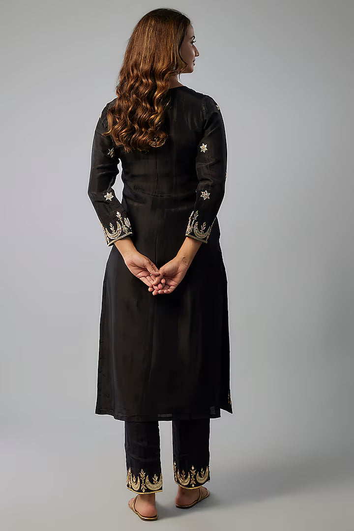 Black Pure Spun Silk Hand Embroidered Kurta Set