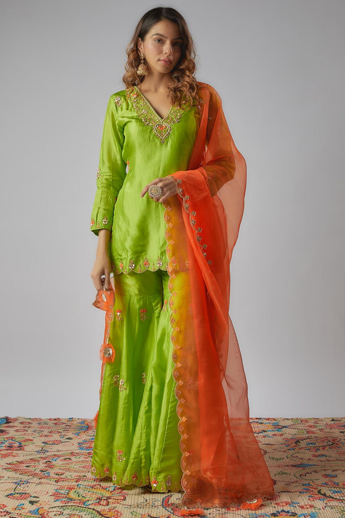 Neon Green Hand Embroidered Sharara Set