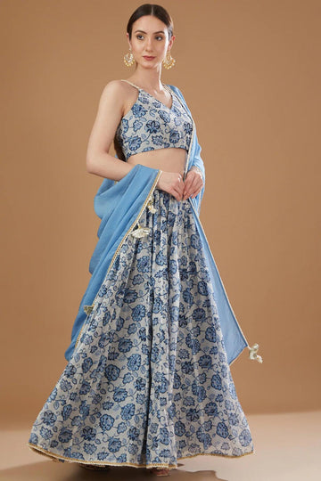 Ivory & Blue Chanderi Lehenga Set