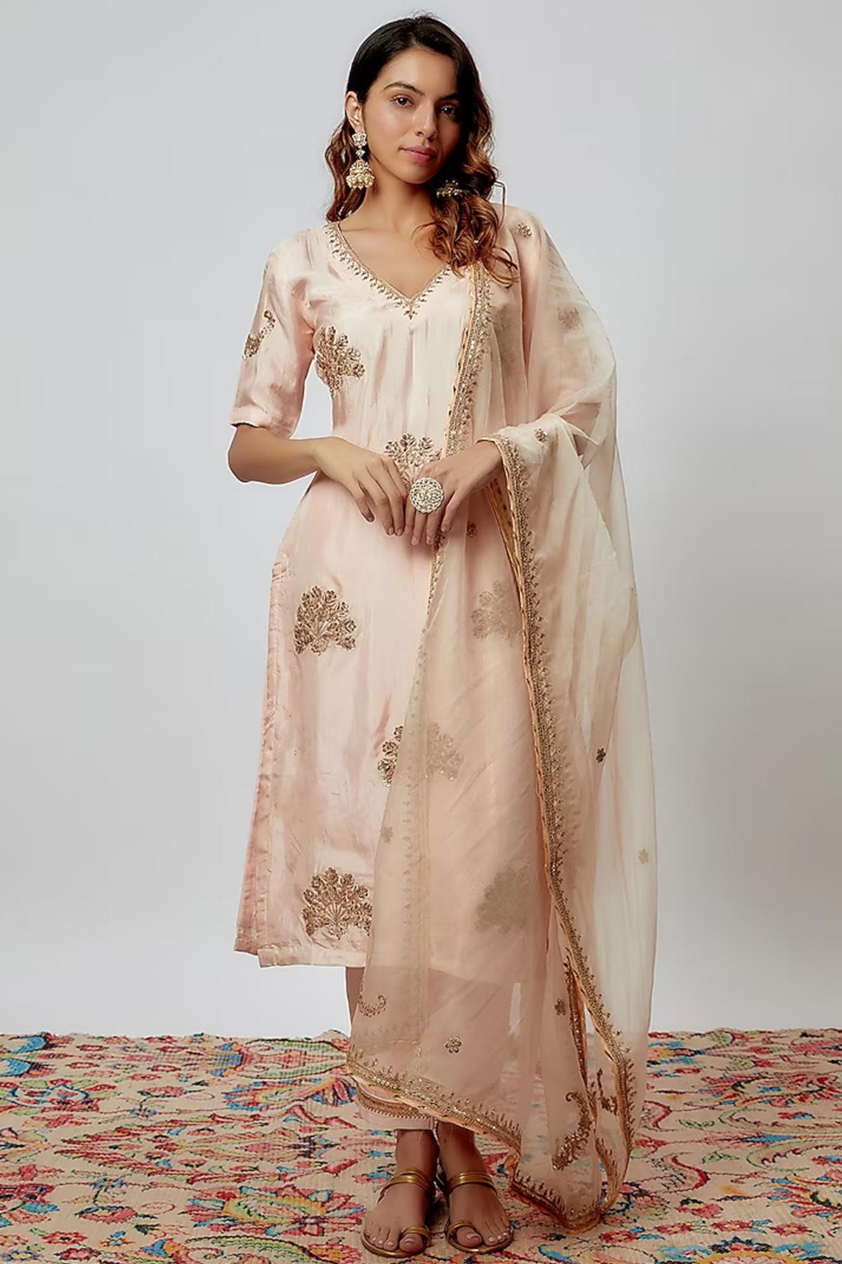 Peach Hand Embroidered Kurta Set