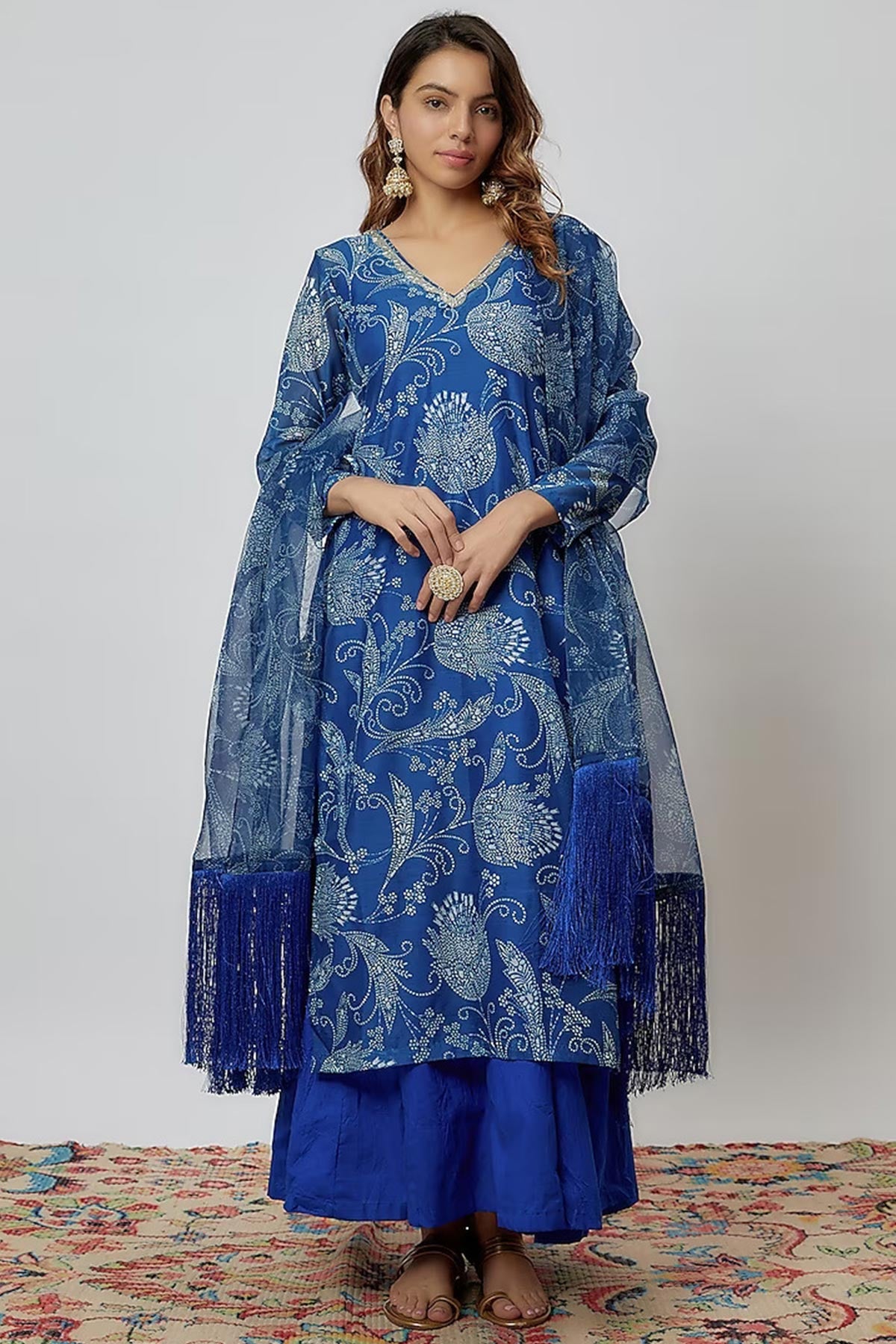 Blue Printed Chanderi Kurta Set