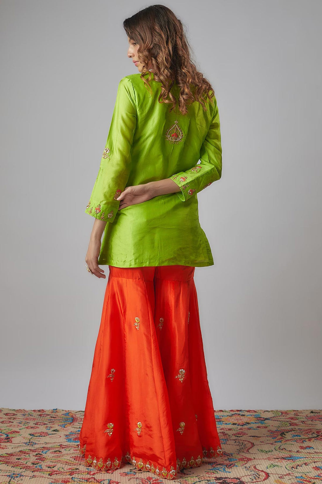 Neon Green & Orange Hand Embroidered Sharara Set