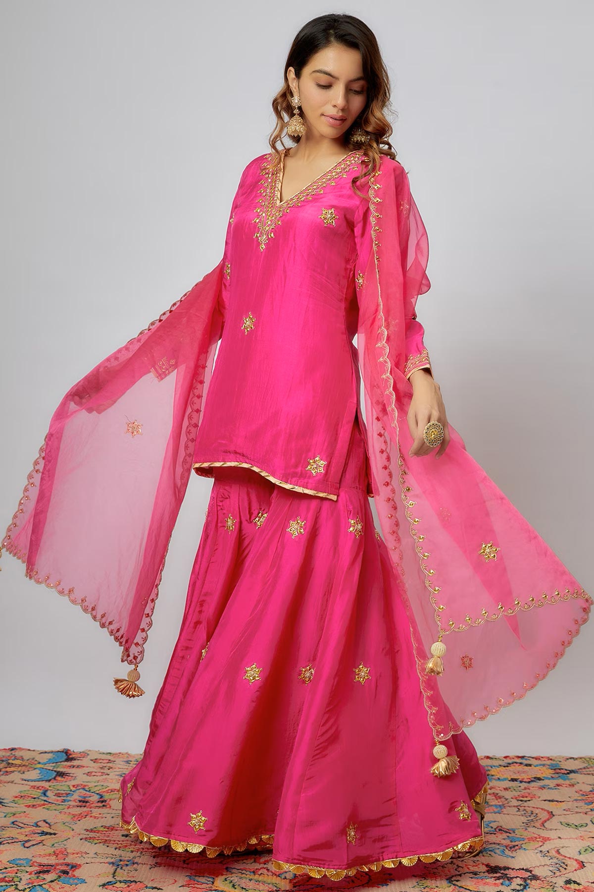 Hot Pink Hand Embroidered Sharara Set