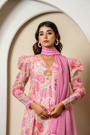 Pink Chanderi Digital Printed & Hand Embroidered Kurta Set