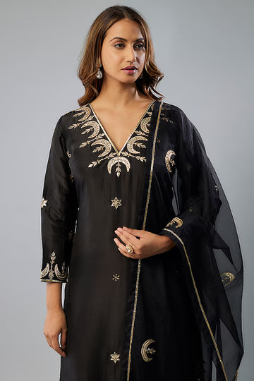 Black Pure Spun Silk Hand Embroidered Kurta Set
