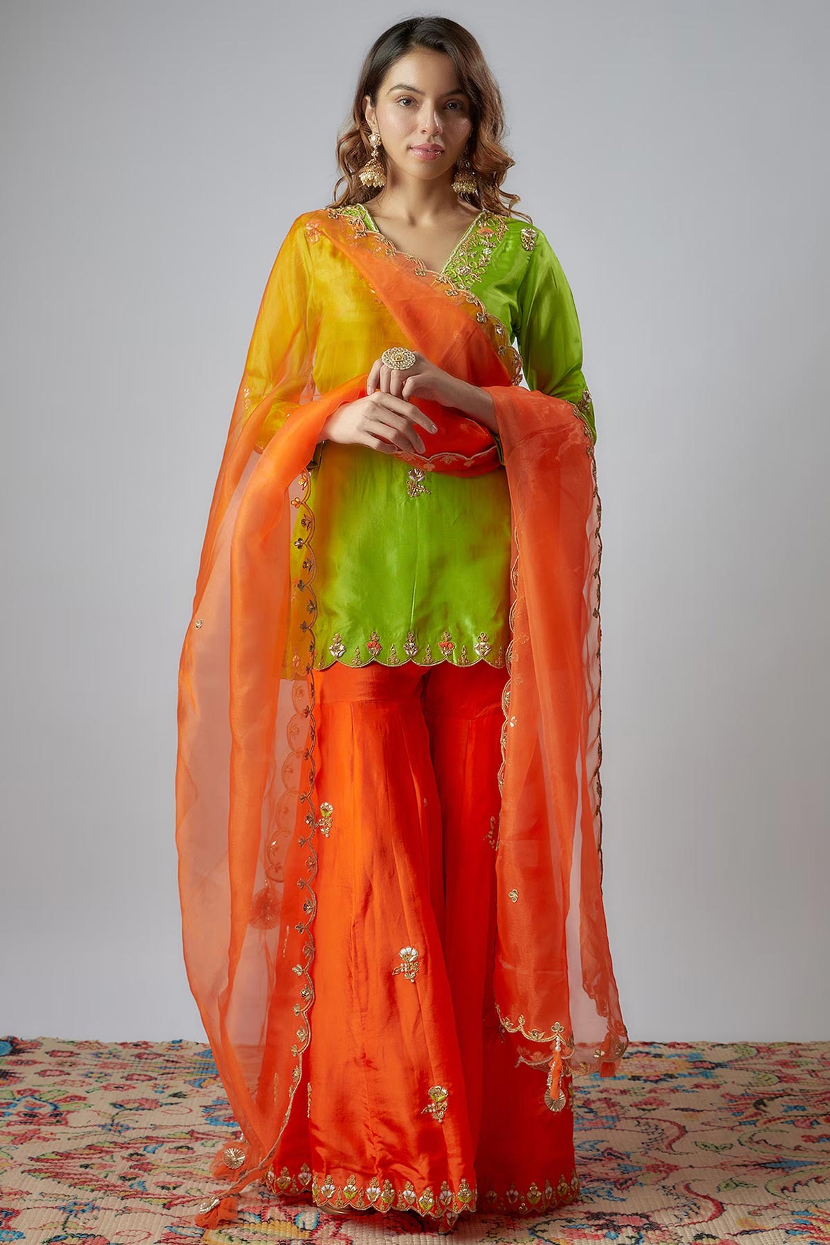 Neon Green & Orange Hand Embroidered Sharara Set