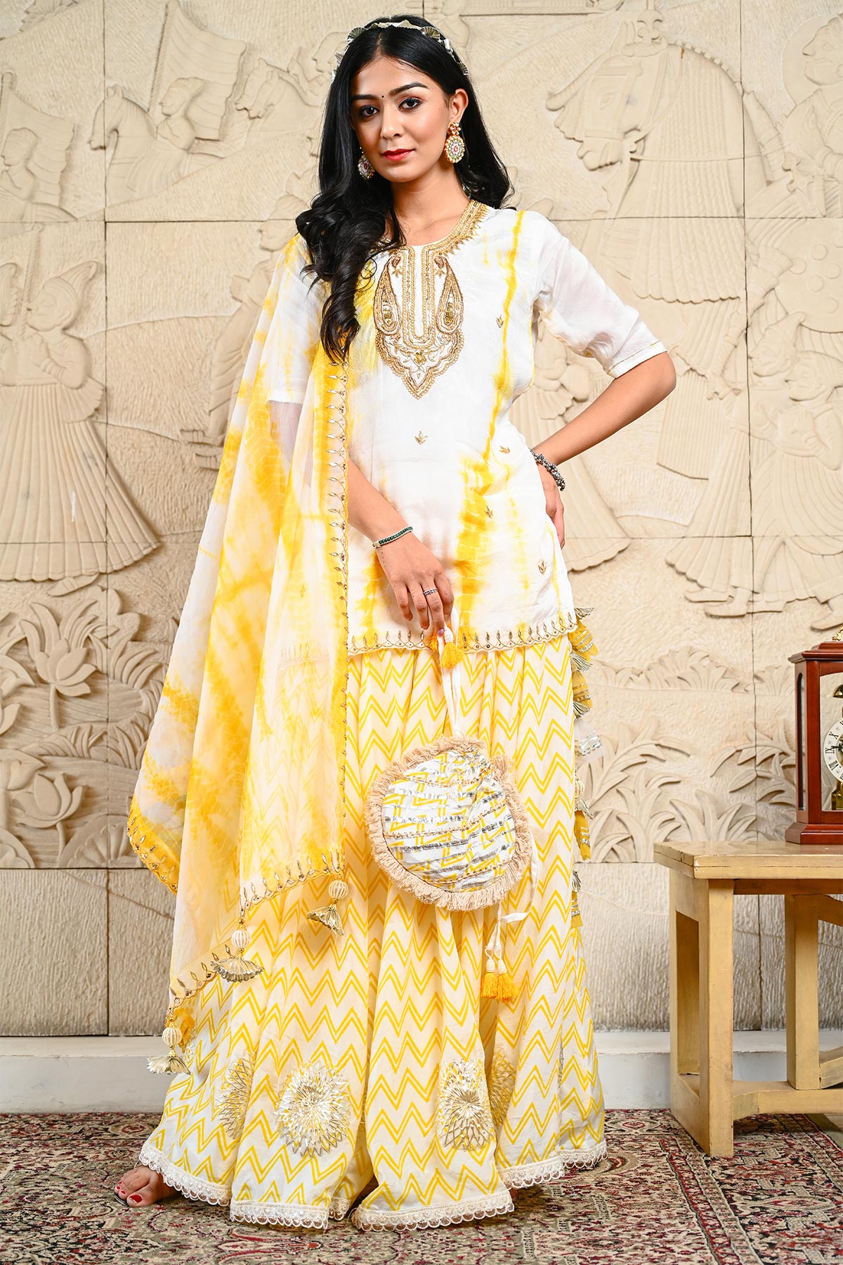 Yellow Shibori Kurti & Chevron Skirt Set