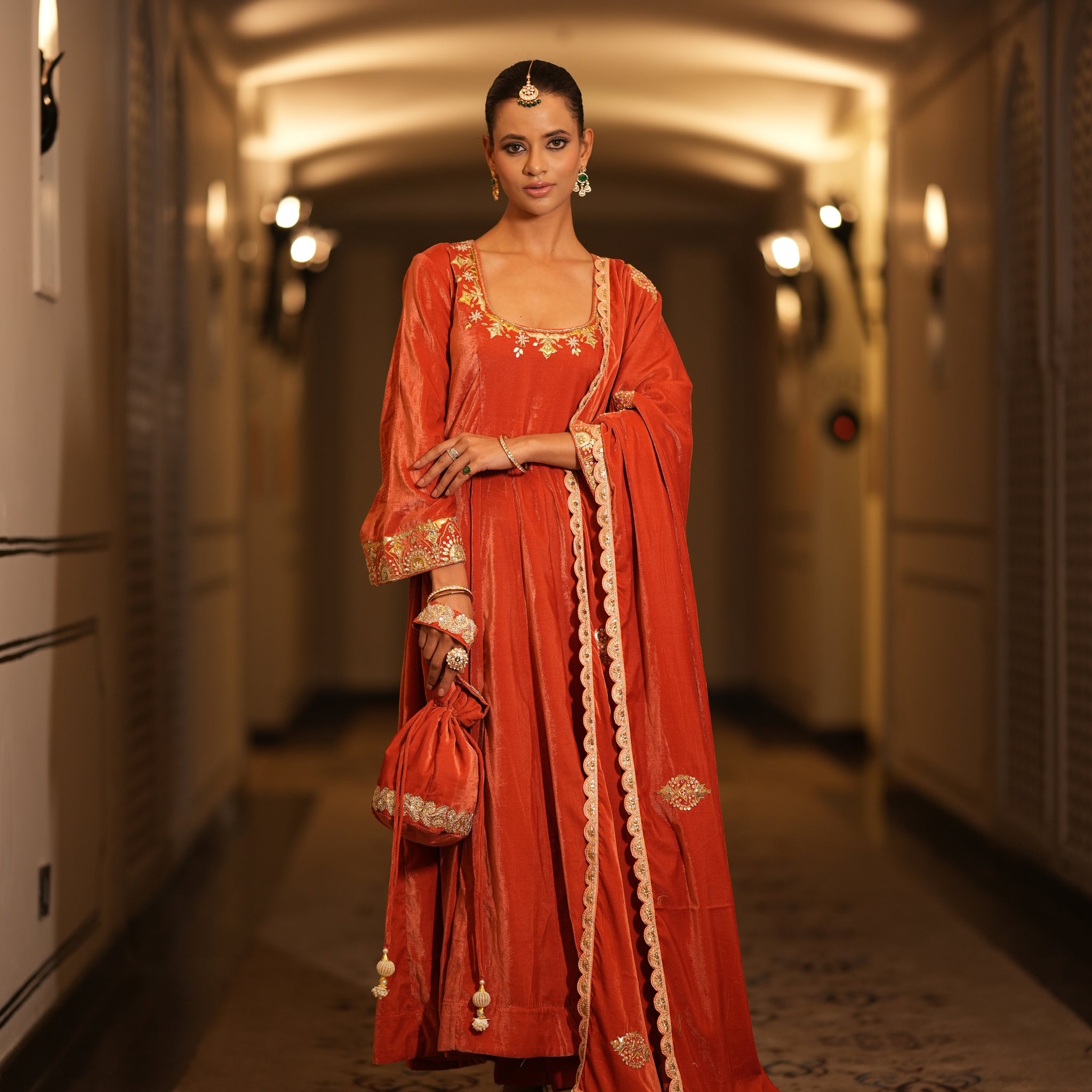Hand Embroidered Peach Flared Sleeves Velvet Anarkali Set